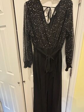 BloomChic Sparkly V-Neck Sheer Belted Jumpsuit - Black